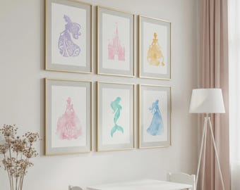 Conjunto de 6 pôsteres aquarelados com silhuetas de princesas para quarto de meninas ou berçário.