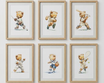 Conjunto de 6 pôsteres de ursinhos de pelúcia praticando esportes para decoração de quarto infantil – Arte de parede para quarto de menino