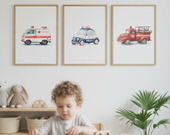 Conjunto de 3 pôsteres para quarto de bebê com tema de caminhão de bombeiros – Decoração de parede para quarto de menino com carro de polícia e ambulância.