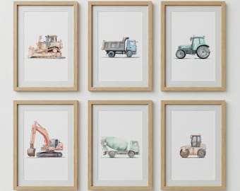 Conjunto de 6 pôsteres de veículos de construção para quarto de bebê – Arte de parede para quarto de menino com trator e escavadeira