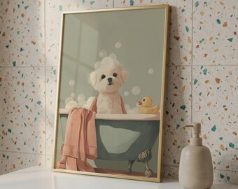 Arte de parede para banheiro com cachorro – Filhote fofinho na banheira - Presente divertido para amantes de animais