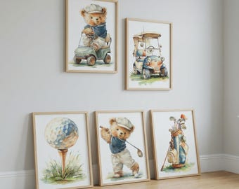 Conjunto de 5 pôsteres de ursinhos de pelúcia jogando golfe para decoração de quarto de menino.