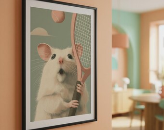 Quadro divertido com estampa de rato jogando tênis – Arte de parede original com animais, um presente perfeito para amantes do tênis.