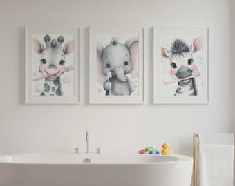 Conjunto de 3 peças de arte de parede para banheiro infantil – Animais da savana escovando os dentes