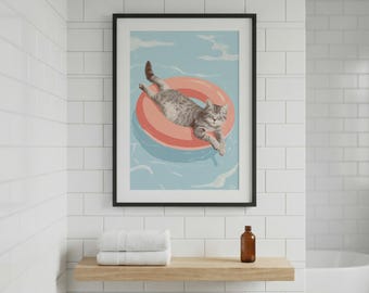 Arte de parede com gato – Impressão divertida de gatinho flutuando na piscina - Presente para amantes de gatos