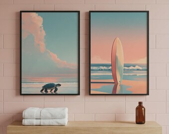 Arte de parede costeira – Estampas de tartaruga marinha em prancha de surfe para decoração de banheiro e quarto estilo boho