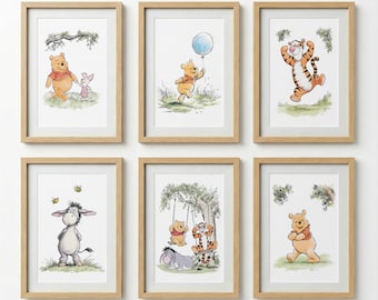 Conjunto de 6 pôsteres decorativos do Ursinho Pooh e seus amigos para quarto de bebê.