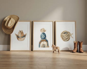 Conjunto de 3 pôsteres com tema de cowboy para quarto de bebê, arte de parede em aquarela com temática do Velho Oeste, decoração para quarto de menino.