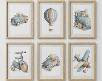 Conjunto de 6 pôsteres infantis com tema de transporte – Arte de parede para menino com veículos