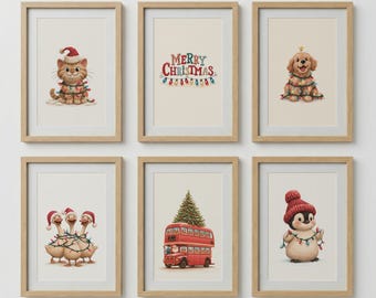 Conjunto de 6 peças de arte de parede com animais natalinos, decoração de Natal para quarto infantil.