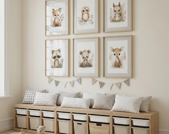 Conjunto de 6 gravuras para quarto de bebê com tema de floresta – Raposa, Coruja, Veado, Guaxinim, Urso, Esquilo