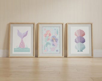 Conjunto de 3 pôsteres de sereia para quarto de bebê, arte de parede em tons pastel para quarto de menina, decoração para quarto de bebê.