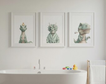 Conjunto de 3 pôsteres de dinossauros para quarto infantil – Decoração de parede com tema de dinossauros para banheiro.