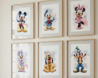 Conjunto de 6 pôsteres infantis do Mickey e seus amigos, arte clássica de desenho animado para decoração de quarto de criança.