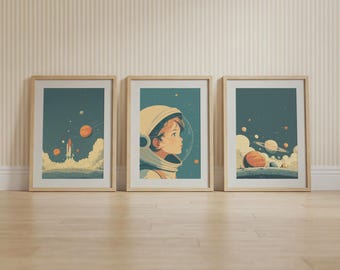 Conjunto de 3 pôsteres retrô para quarto de bebê com tema espacial – Arte de parede vintage para quarto de menino com astronauta