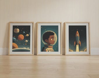 Conjunto de 3 pôsteres de astronauta para quarto de bebê – Arte de parede para quarto de menino com tema espacial, foguete e planetas.
