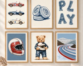 Race Car Nursery Wall Art, Set of 6 Prints - Boys' Playroom Decor