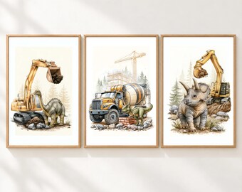 Dinosaur Wall Art, Set of 3 Prints, Boy Nursery, Excavators, Cement Mixer Truck
