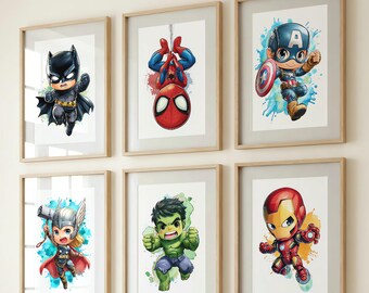 Conjunto de 6 pôsteres de super-heróis para parede, ideal para quarto de menino, com Batman e Thor.