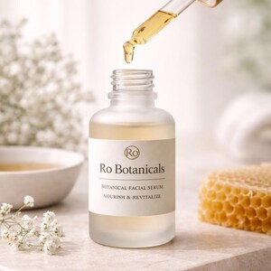 Pu&ograve; includere: Una bottiglia di vetro smerigliato di Ro Botanicals Botanical Facial Serum con un contagocce che eroga il siero. L'etichetta recita "Nourish & Revitalize". Un favo e una ciotola di liquido sono sullo sfondo.