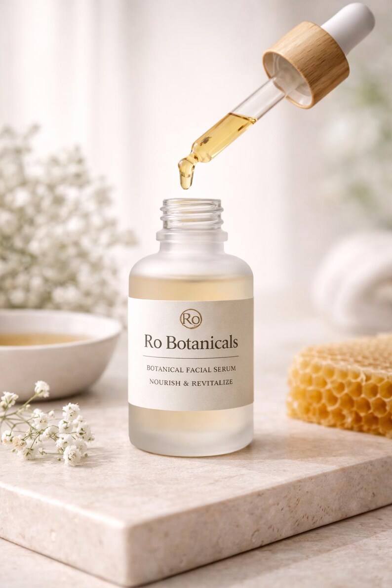 Pu&ograve; includere: Una bottiglia di vetro smerigliato di Ro Botanicals Botanical Facial Serum con un contagocce che eroga il siero. L'etichetta recita "Nourish & Revitalize". Un favo e una ciotola di liquido sono sullo sfondo.