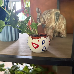 Op de afbeelding: Een kleine, ronde, witte plantenpot in de vorm van een gebarsten ei, voorzien van rode en blauwe driehoekige patronen aan de buitenkant. Een groene plant met geperforeerde bladeren staat in de pot, die een gekartelde, onregelmatige bovenrand heeft.