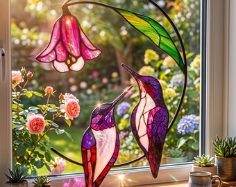 Attrape-soleil Duo de Colibris et Fleur en Vitrail | Suspension Fenêtre | Cadeau Maman et Couple | Décoration Artisanale Oiseau