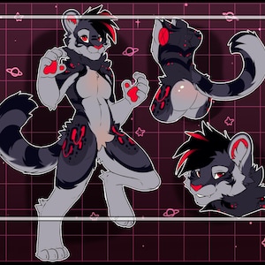 Puede incluir: Ilustración digital de un personaje peludo en una pose dinámica, con una combinación de colores gris y negro con acentos rojos. El personaje tiene una cola rayada y almohadillas rojas. El fondo es una cuadrícula con elementos espaciales.