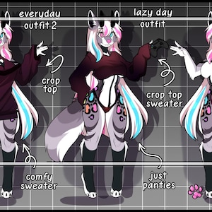 May include: A digital illustration showcasing various outfits on a furry character. The outfits include an oversized hoodie, pleated skirt, crop tops, and a comfy sweater. The character has a fluffy tail and a color palette of black, white, pink, and blue.