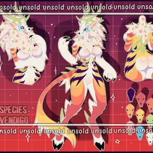 May include: Digital art of a Vendigo species character design. The character has a white and orange color scheme with floral and striped accents. The image includes multiple views of the character and color variations.