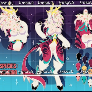 May include: Digital art of a fantasy creature with white fur, pink and teal markings, and a long tail. The creature has antlers, floral accents, and is labeled "UNSOLD". Additional color variations of the creature's head are shown.