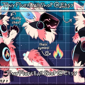 May include: Digital art of a furry character with a black and pink color scheme. The character has a fluffy chest, black claws, and a tail. The image includes the text "Tiny Fluffball Shop @ Etsy".