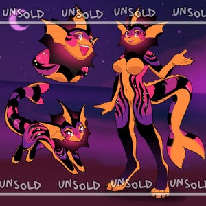 May include: Digital artwork featuring a stylized creature with orange, purple, black, and pink markings. The artwork includes three different poses of the creature, with the word "UNSOLD" repeated across the top and bottom of the image.
