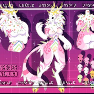May include: A digital character reference sheet for a creature labeled as Species: Vendigo. The illustration features a white and pink anthropomorphic being with floral accents, a skull-like head, antlers, and a long tail, shown from multiple angles.
