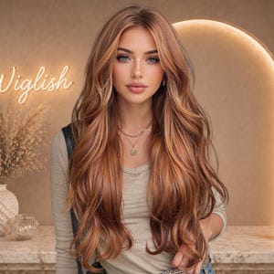 May include: A woman with long, wavy auburn hair, wearing a light-coloured top and layered necklaces. The background features a neon sign that reads "Wiglish", a vase with dried plants, and a lit candle in a glass holder.