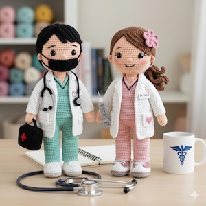 Läkare & Sjuksköterska Virkadockmönster, Medicinsk Amigurumi PDF, Sjuksköterskepresent DIY, Söt Hälsovårdsplysch, Nybörjarvänligt Mönster