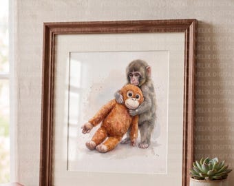 Quadro da parete con scimmietta ad acquerello che abbraccia un orangutan di peluche / Stampa decorativa per la cameretta con un macaco carino / Poster di animali per la stanza dei bambini