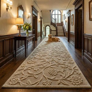 Puede incluir: Alfombra de pasillo beige con estampado floral en un pasillo con paneles de madera oscura y un perro golden retriever. La alfombra presenta un diseño floral repetido y está colocada sobre un suelo de madera oscura.