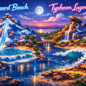 Puede incluir: Una vibrante ilustración digital de dos parques acuáticos, Blizzard Beach y Typhoon Lagoon, bajo un cielo crepuscular. La imagen presenta toboganes acuáticos, un barco, palmeras y una luna llena, creando una escena caprichosa y acogedora.