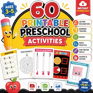 May include: A digital collection of 60 printable preschool activities featuring a yellow background with a cartoon pencil and apple. Includes worksheets for addition, mazes, number tracing, fractions, and letter recognition in PDF, PNG, and JPG formats.