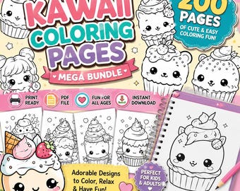 Kawaii Dessert Coloring Pages Mega Bundle | 200 Cupcakes, Cakes (PDF Download)