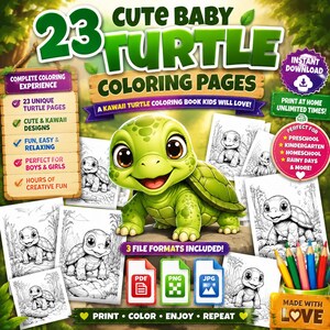Può includere: Una collezione digitale di 23 pagine da colorare con tartarughe e un'illustrazione centrale di una tartaruga verde. L'immagine include testo come 23 CUTE BABY TURTLE COLORING PAGES, 3 FILE FORMATS INCLUDED e icone per PDF, PNG e JPG.