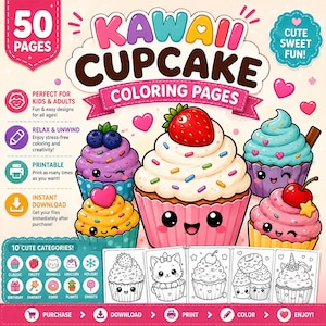 May include: A digital coloring book cover titled Kawaii Cupcake Coloring Pages with 50 pages. The design features colorful illustrations of smiling cupcakes with toppings like strawberries, blueberries, and cherries, plus black and white line art.