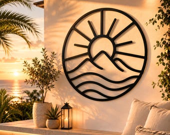 Art mural en métal coucher de soleil sur la montagne, décoration extérieure côtière, suspension murale ronde pour terrasse, sculpture de maison de plage moderne