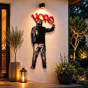 May include: A black metal wall art piece depicting a figure spray-painting the word "HOPE" in red. The artwork is mounted on a textured white wall, with outdoor lighting illuminating the scene. The art piece is a unique home decor item.