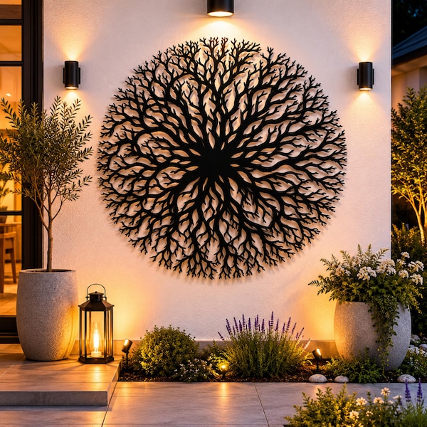 Abstracte boom metalen bord, wanddecoratie voor de open haard, ronde woonkamerdecoratie