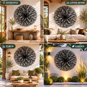 Peut inclure: Quatre images pr&eacute;sentent une &oelig;uvre d'art murale en m&eacute;tal noir avec un design circulaire et organique. L'art est pr&eacute;sent&eacute; dans diff&eacute;rents environnements : une entr&eacute;e, un salon, un porche et un jardin, soulignant son adaptabilit&eacute; &agrave; la d&eacute;coration int&eacute;rieure.