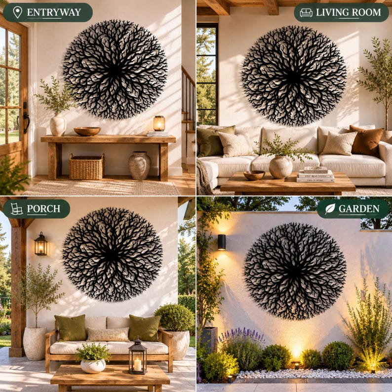 Peut inclure: Quatre images pr&eacute;sentent une &oelig;uvre d'art murale en m&eacute;tal noir avec un design circulaire et organique. L'art est pr&eacute;sent&eacute; dans diff&eacute;rents environnements : une entr&eacute;e, un salon, un porche et un jardin, soulignant son adaptabilit&eacute; &agrave; la d&eacute;coration int&eacute;rieure.