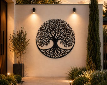 Décoration murale en métal Arbre de Vie, ornement rond pour cheminée, grand format, à suspendre au-dessus d'un canapé.