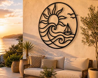 Décoration murale en métal vague de soleil, décoration de patio côtière, suspension murale coucher de soleil sur l'océan